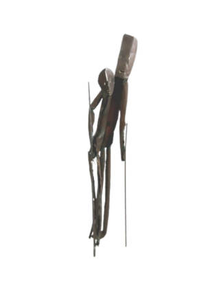 Metallic sculpture of a figure leaning on another on a white background