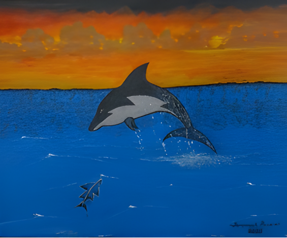 Dolphin leaping out of water with sunset sky