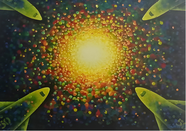Colorful abstract design with a bright center and green leaf-like shapes on a dark background