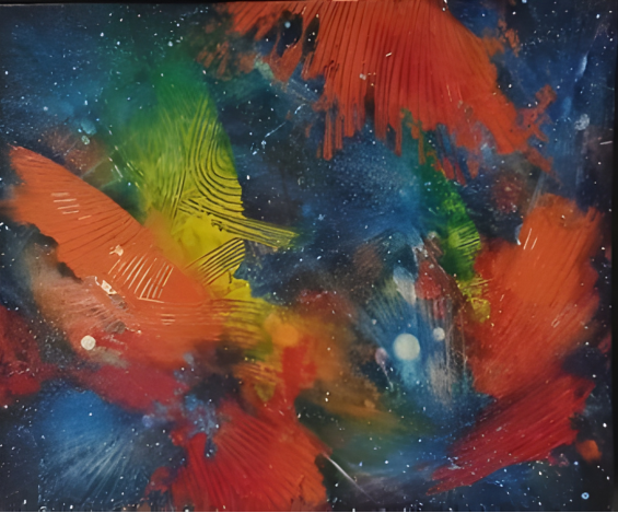 Abstract painting with vibrant colors on a dark background