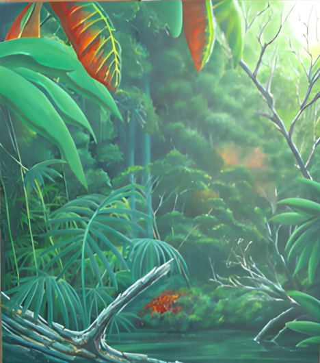  vibrant depiction of a tropical rainforest with lush greenery and a waterfall.