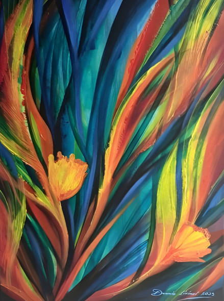Colorful abstract painting of flowers with vibrant orange, yellow, and blue hues.