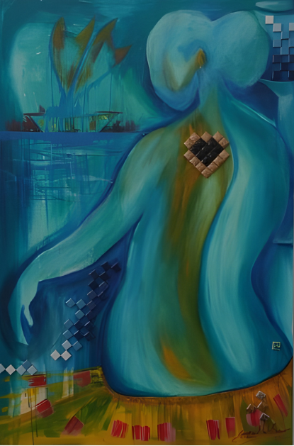 Abstract artwork with a long, flowing blue figure in a landscape setting.