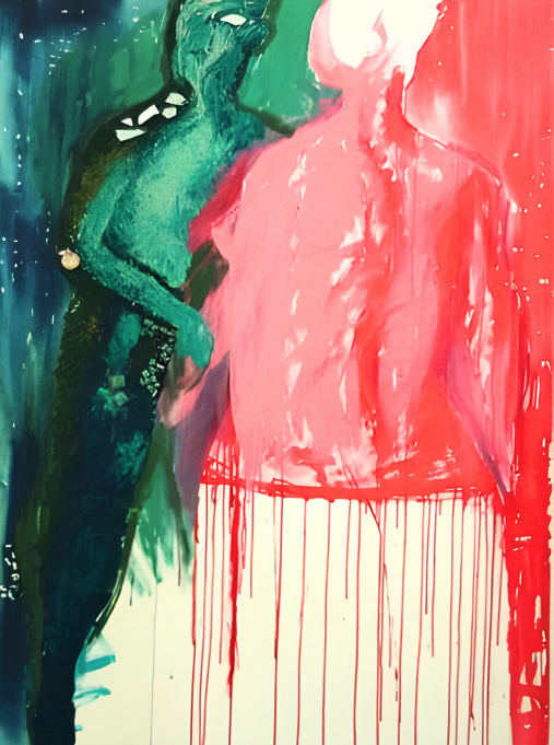 Abstract artwork with a figure in green and red on a white background