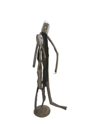Metallic sculpture of a humanoid figure helping a wounded warrior on a white background