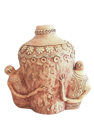 Ceramic vase with decorative elements and figures on a white background