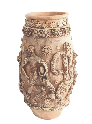Decorative vase with intricate designs on a white background