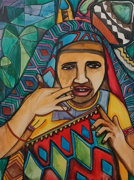 Colorful artwork of a person with geometric patterns and vibrant colors