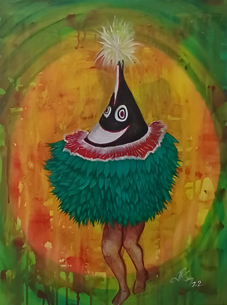 Surreal painting of a creature with a large black eye and green feathers against a colorful abstract background.
