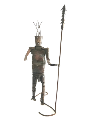 Metallic robot-like figure holding a spear on a white background