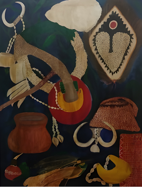 Colorful abstract art piece with various shapes and patterns on a dark background
