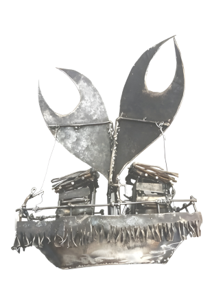 Metallic ship sculpture with large crab claws  looking sails on a white background