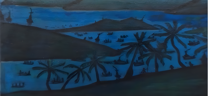 Decorative palm tree artwork design on a blue background