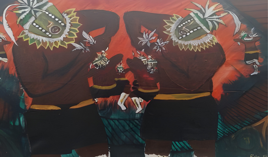 Two figures in traditional attire with intricate designs on a red background