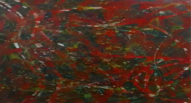 Abstract art with red, green, and black colors on a white background