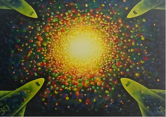 Colorful abstract design with a bright center and green leaf-like shapes on a dark background
