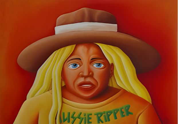 Painting of a person with a wide-brimmed hat and 'Lizzie Ripper' shirt against an orange background