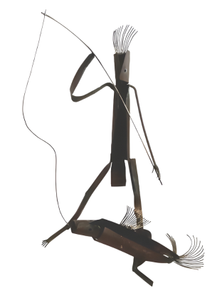 Abstract sculpture of a figure with a bow and arrow on a white background