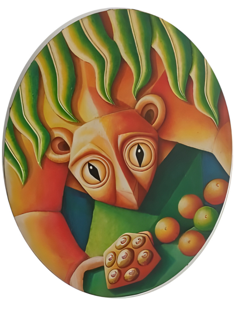 Decorative plate with a stylized lion's head and fruit on a white background