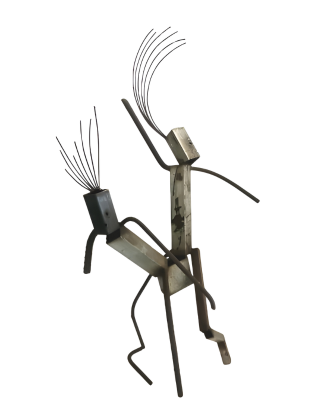 Metal sculpture of two figures dancing hip hop on a white background