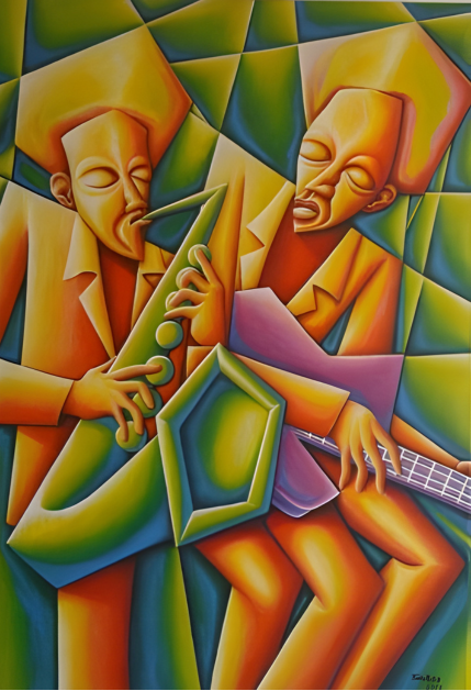 Colorful abstract painting of two musicians playing saxophone and guitar.