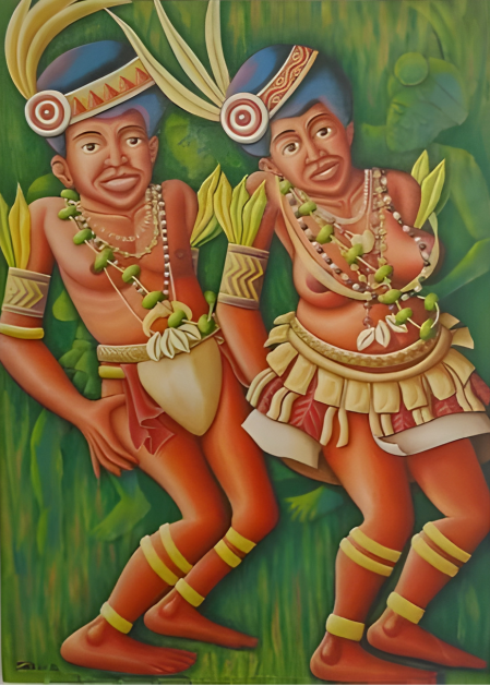 Two figures in traditional attire with intricate jewelry and headdresses against a green background