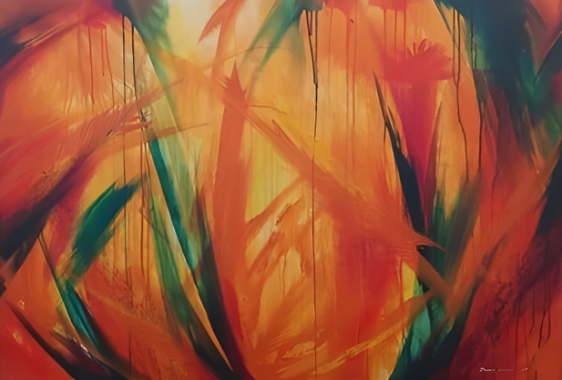 Abstract painting with vibrant orange, red, and green colors
