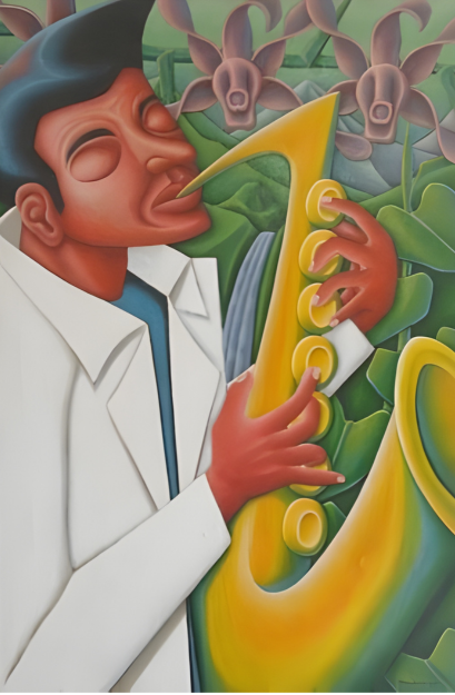Colorful artwork of a person playing a saxophone with abstract background