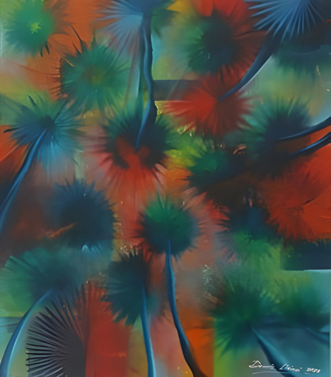 Colorful abstract painting of palm trees with a signature at the bottom right corner.