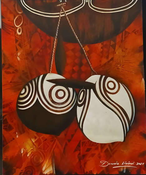 Abstract painting of two black and white patterned objects on a red background