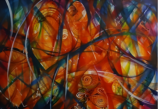 Abstract painting with vibrant colors and swirling patterns