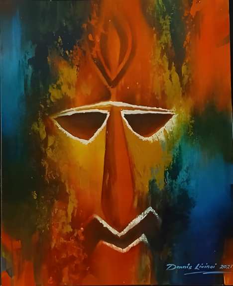 Abstract painting of a face with orange, blue, and black colors.