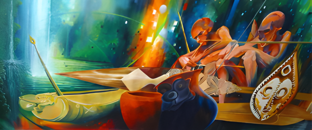 Colourful painting of two villagers on a canoe with a bow and arrow, surrounded by abstract elements.