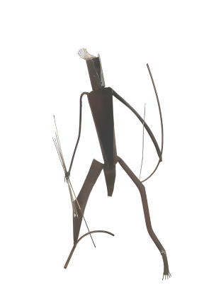 Abstract sculpture of a figure with long limbs on a white background
